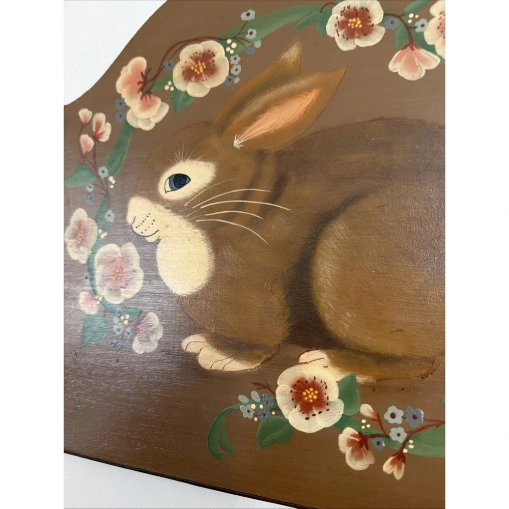 Vintage Hand Painted Wood Folk Art Bunny Rabbit Cottage Farmhouse 14